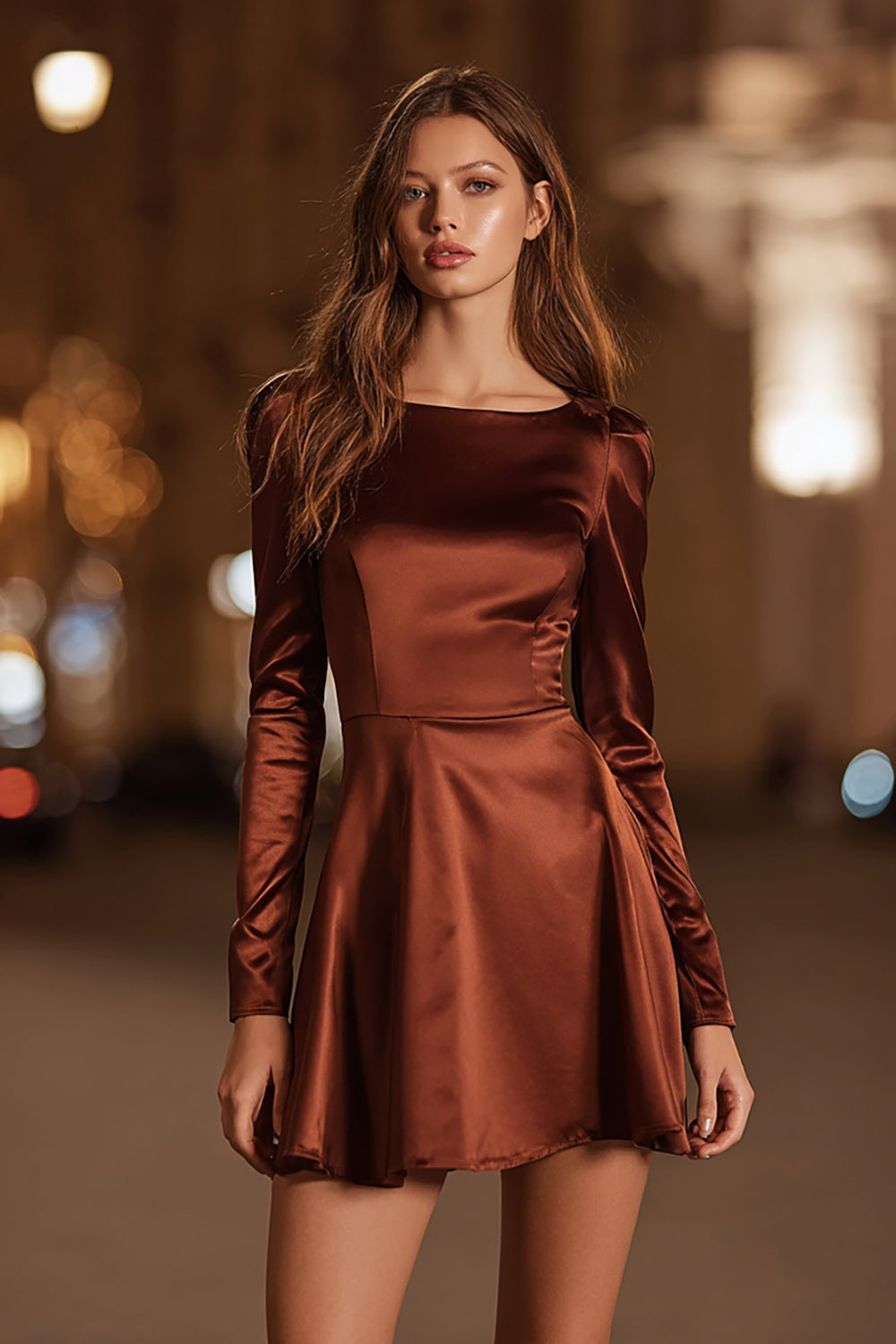 Coffee Long Sleeve A-Line Satin Mini Party Dress