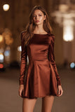 Coffee Long Sleeve A-Line Satin Mini Party Dress