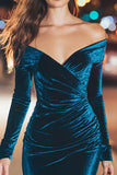 Peacock Blue Velvet Off The Shoulder Mini Cocktail Dress