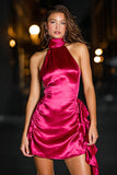Fuchsia High Neck Satin Bodycon Cocktail Dress