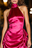 Fuchsia High Neck Satin Bodycon Cocktail Dress