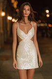 Cut-Out Tight Ivory Sequin Mini Dress