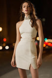 High Neck Cut Out Bodycon Ivory Cocktail Dress