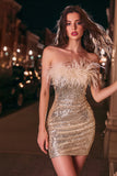 Gold Strapless Tight Sequin Cocktail Dress with Feathers
