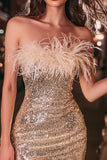 Gold Strapless Tight Sequin Cocktail Dress with Feathers