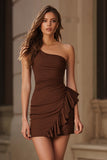 Coffee One Shoulder Bodycon Cocktail Dress With Ruffles
