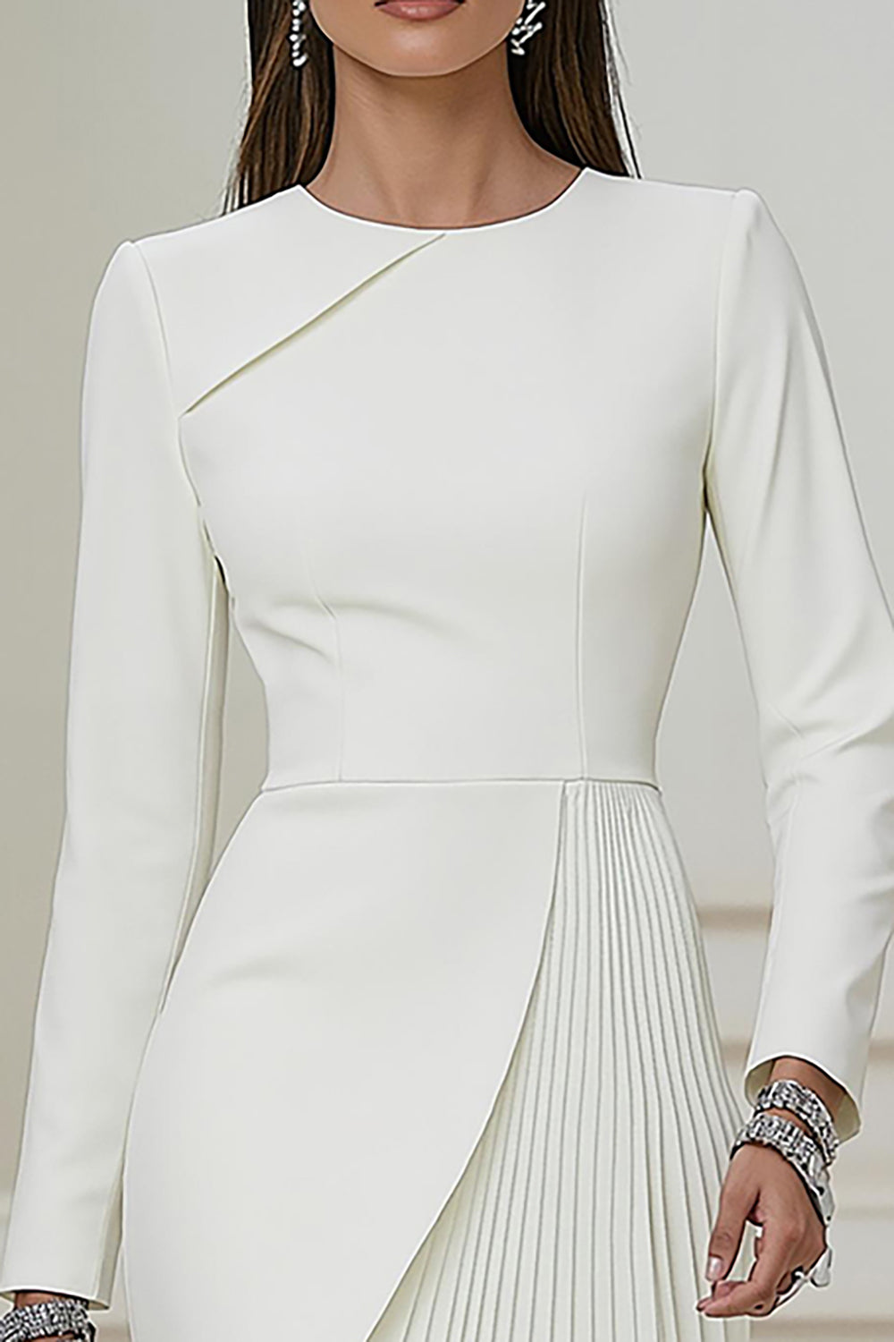 Pencil Pleated Ivory Work Dress With Long Sleeves