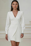 Ivory V-Neck Long Sleeve Pleated A-Line Work Dress