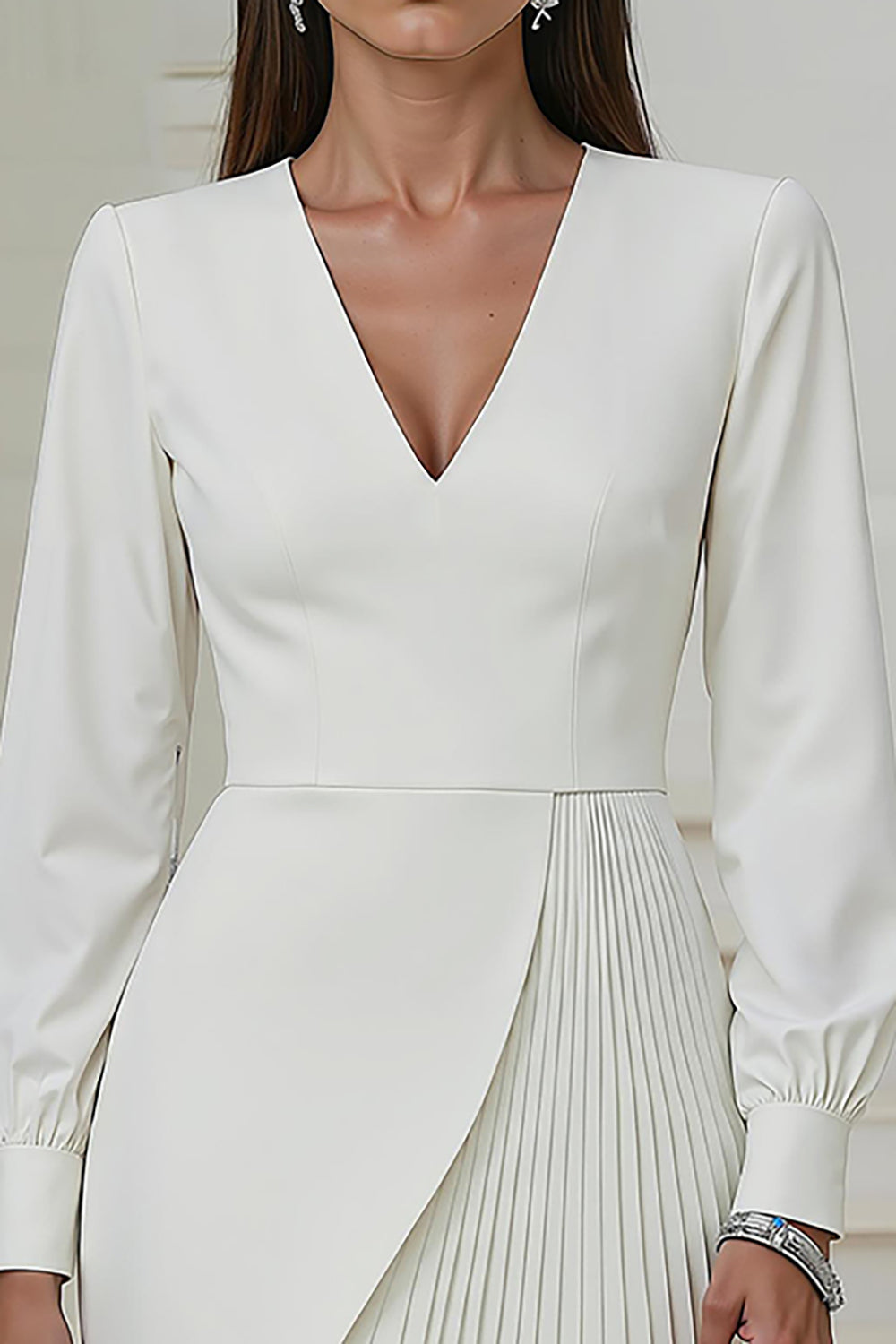 Ivory V-Neck Long Sleeve Pleated A-Line Work Dress