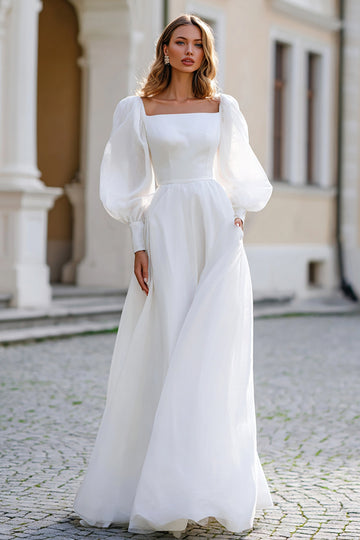 Ivory A-Line Square Neck Wedding Dress With Long Sleeves
