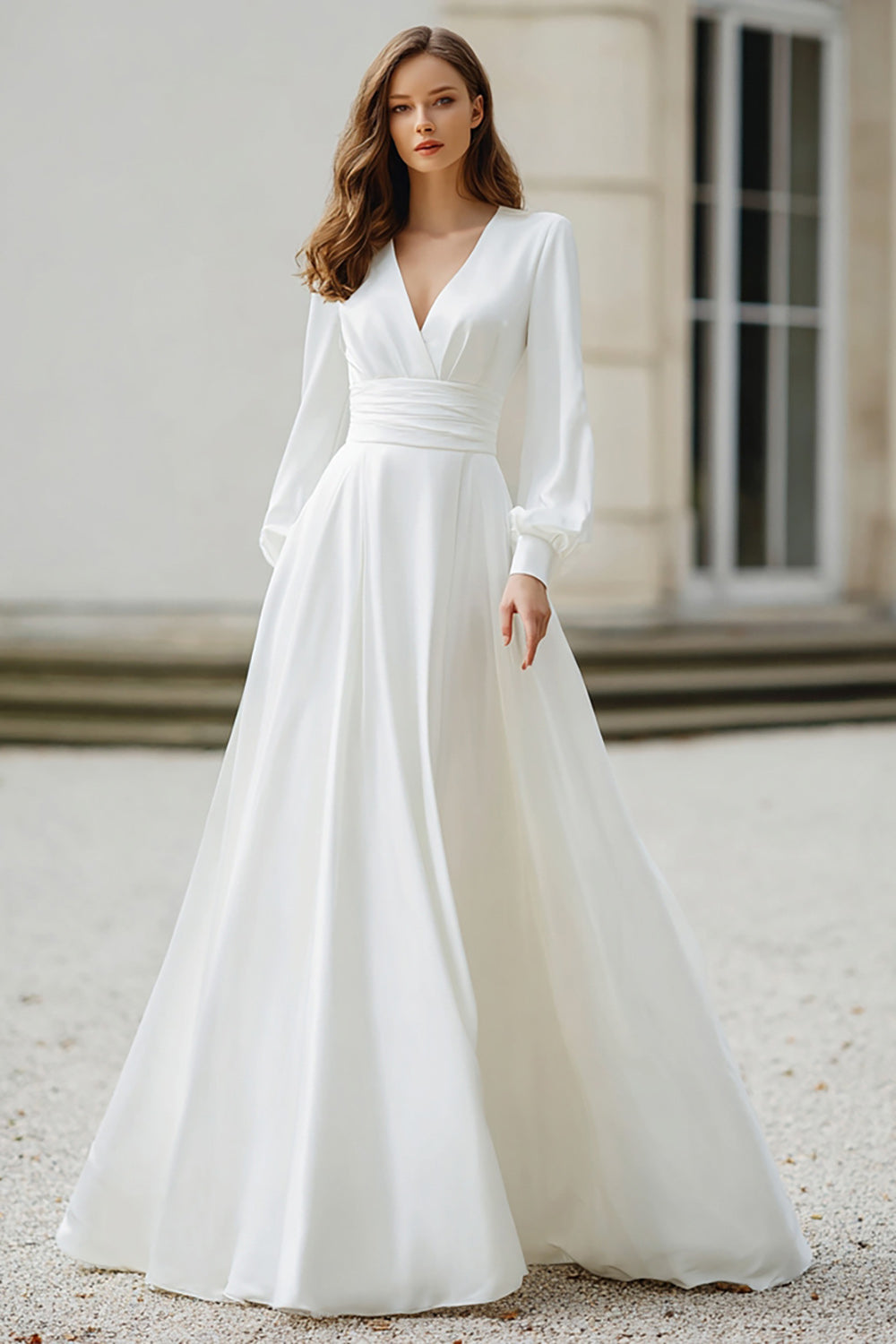 Ivory A-Line Long Sleeve Simple Wedding Dress