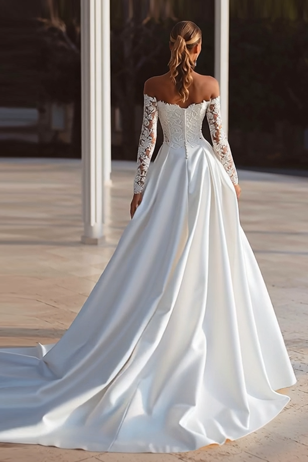 Off the Shoulder Long Sleeve Ivory Bridal Gown Dress With Lace