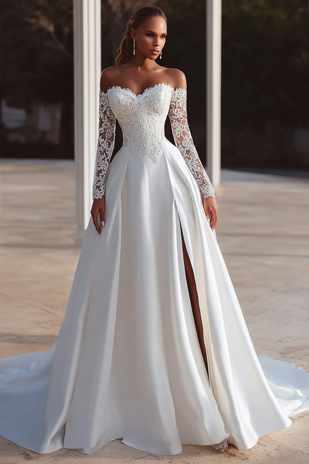 Off the Shoulder Long Sleeve Ivory Bridal Gown Dress With Lace