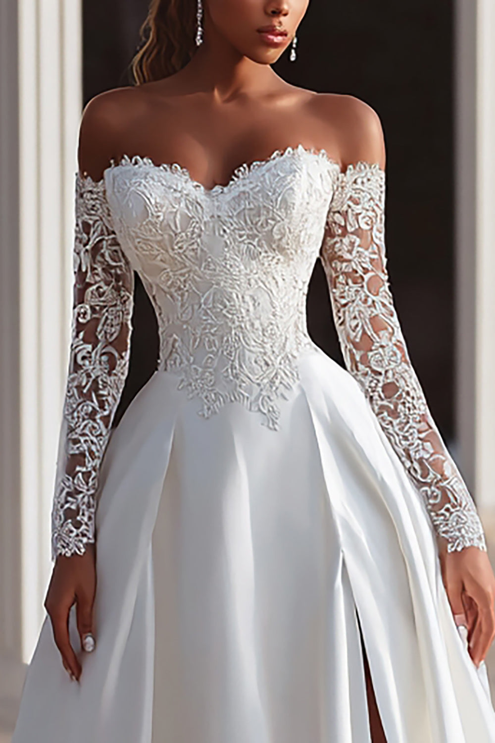 Off the Shoulder Long Sleeve Ivory Bridal Gown Dress With Lace