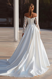 Off the Shoulder Long Sleeve Ivory Bridal Gown Dress With Lace