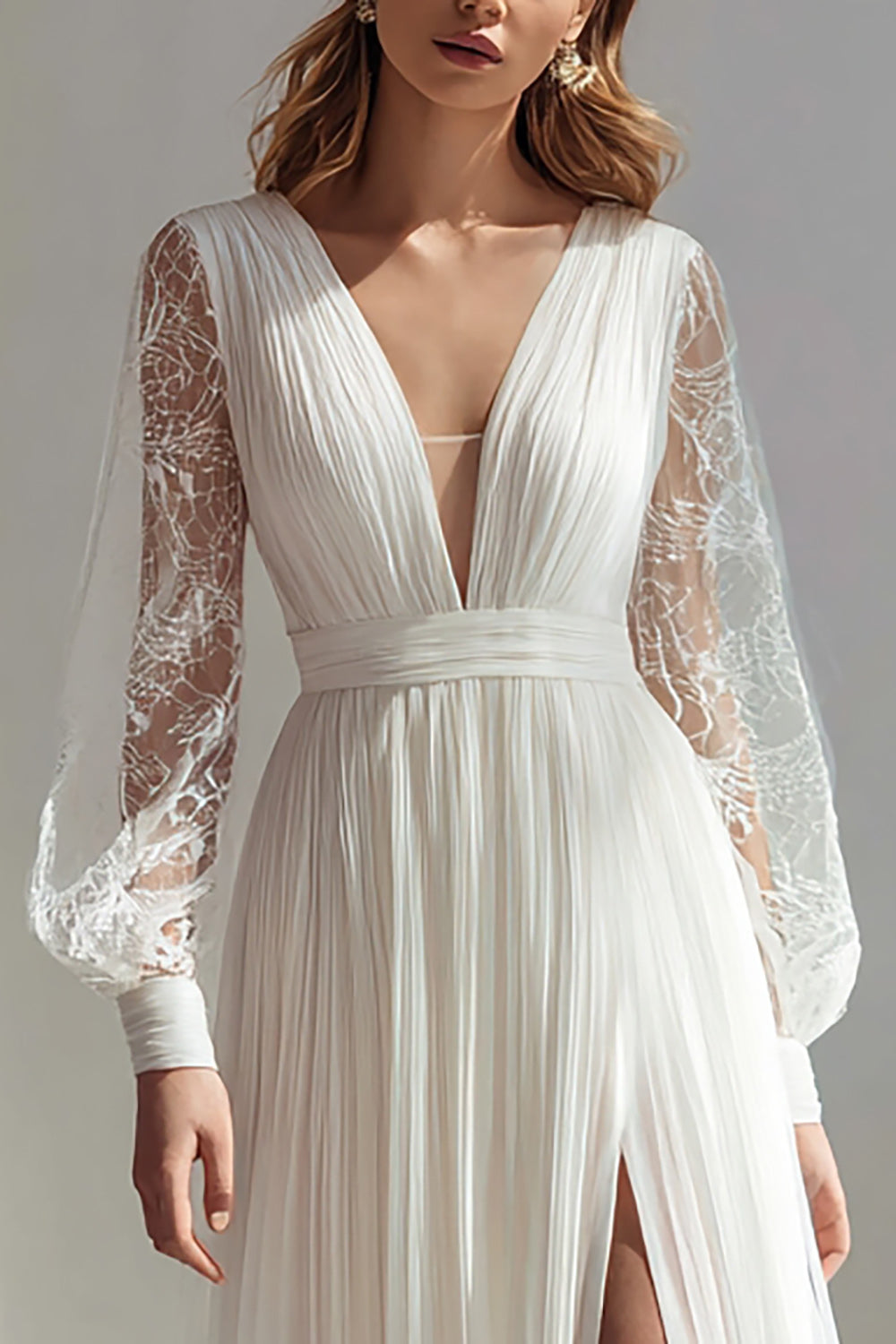 V-Neck Ivory A-Line Slit Long Sleeve Wedding Dress With Lace