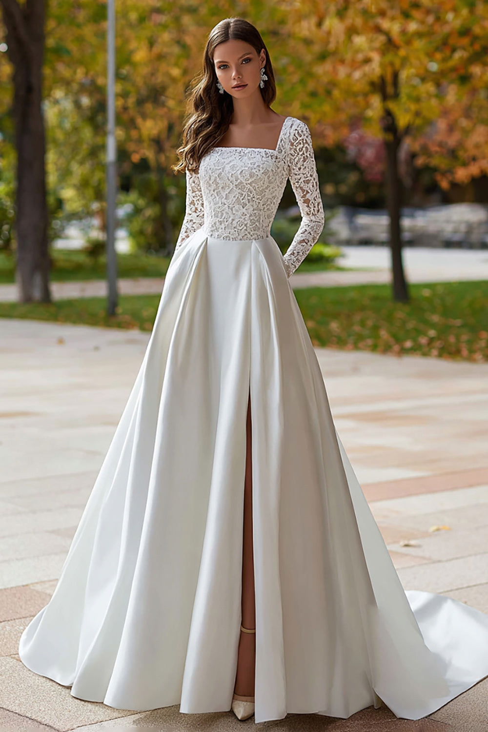 Ivory A-Line Square Neck Satin Lace Long Sleeve Wedding Dress With Slit