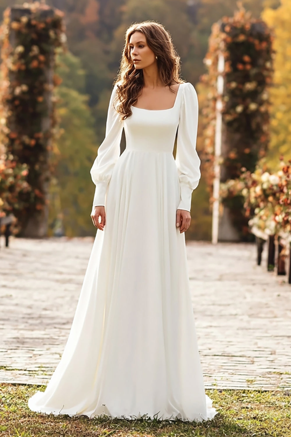 Ivory A-Line Square Neck Long Sleeve Wedding Dress