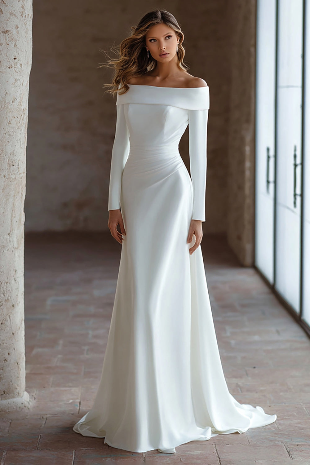 Off The Shoulder Ivory Engagement Dress With Long Sleeves