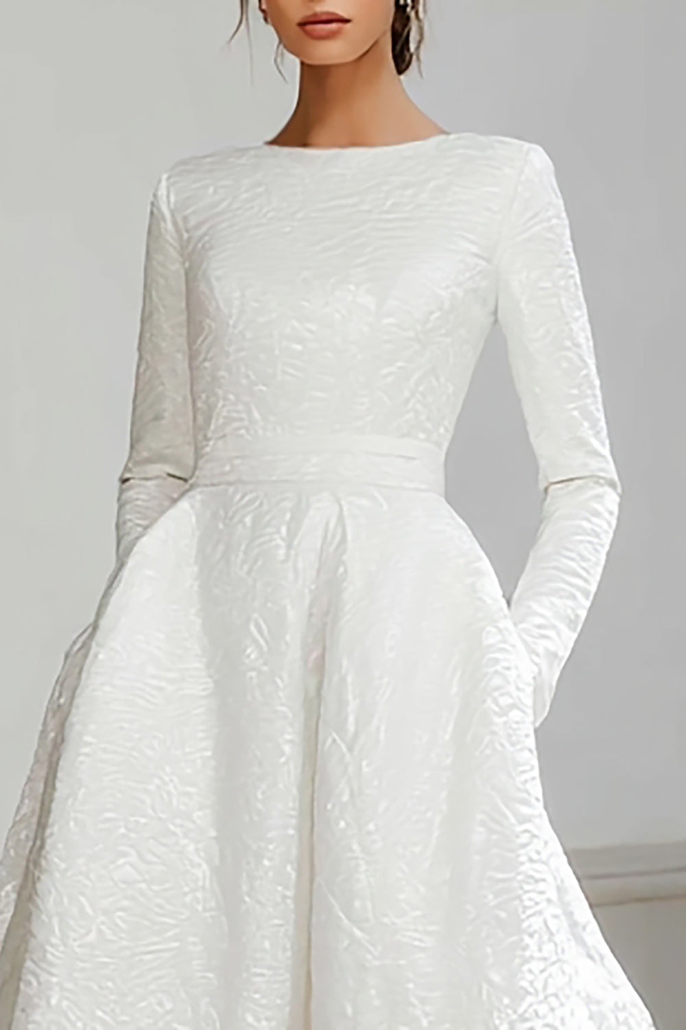 Jacquard A-Line Ivory Long Sleeve Wedding Dress