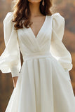 Simple Ivory V-Neck Long Sleeve A-Line Wedding Dress