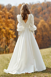 Simple Ivory V-Neck Long Sleeve A-Line Wedding Dress