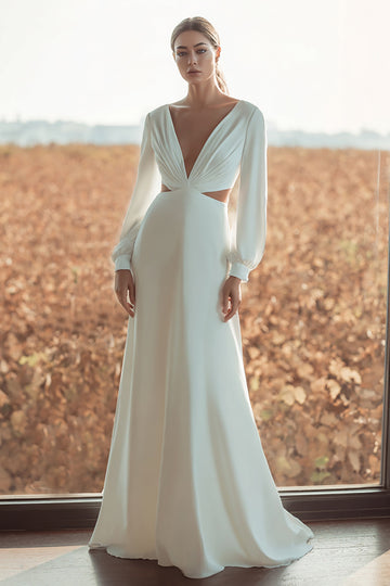 Cut-Out V-Neck Ivory Long Sleeve Engagement Dress