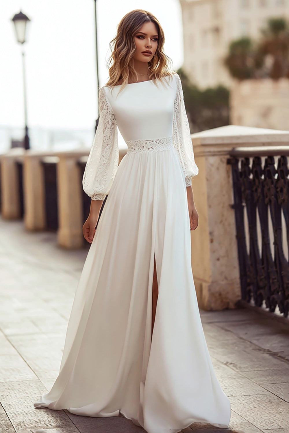 Ivory Long Sleeve Bateau Neck A-Line Engagement Dress With Lace