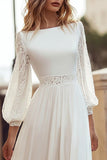 Ivory Long Sleeve Bateau Neck A-Line Engagement Dress With Lace