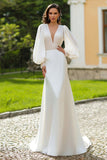 Ivory V-Neck Long Sleeve Wedding Dress With Beading