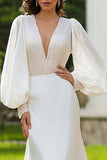 Ivory V-Neck Long Sleeve Wedding Dress With Beading