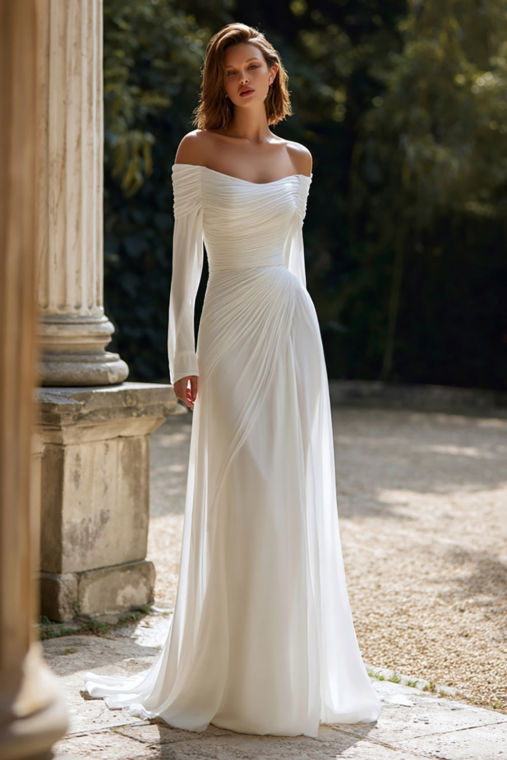 Ivory Ruched Long Sleeve Off The Shoulder Engagement Dress