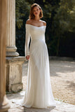 Ivory Ruched Long Sleeve Off The Shoulder Engagement Dress