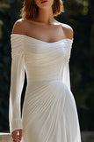 Ivory Ruched Long Sleeve Off The Shoulder Engagement Dress
