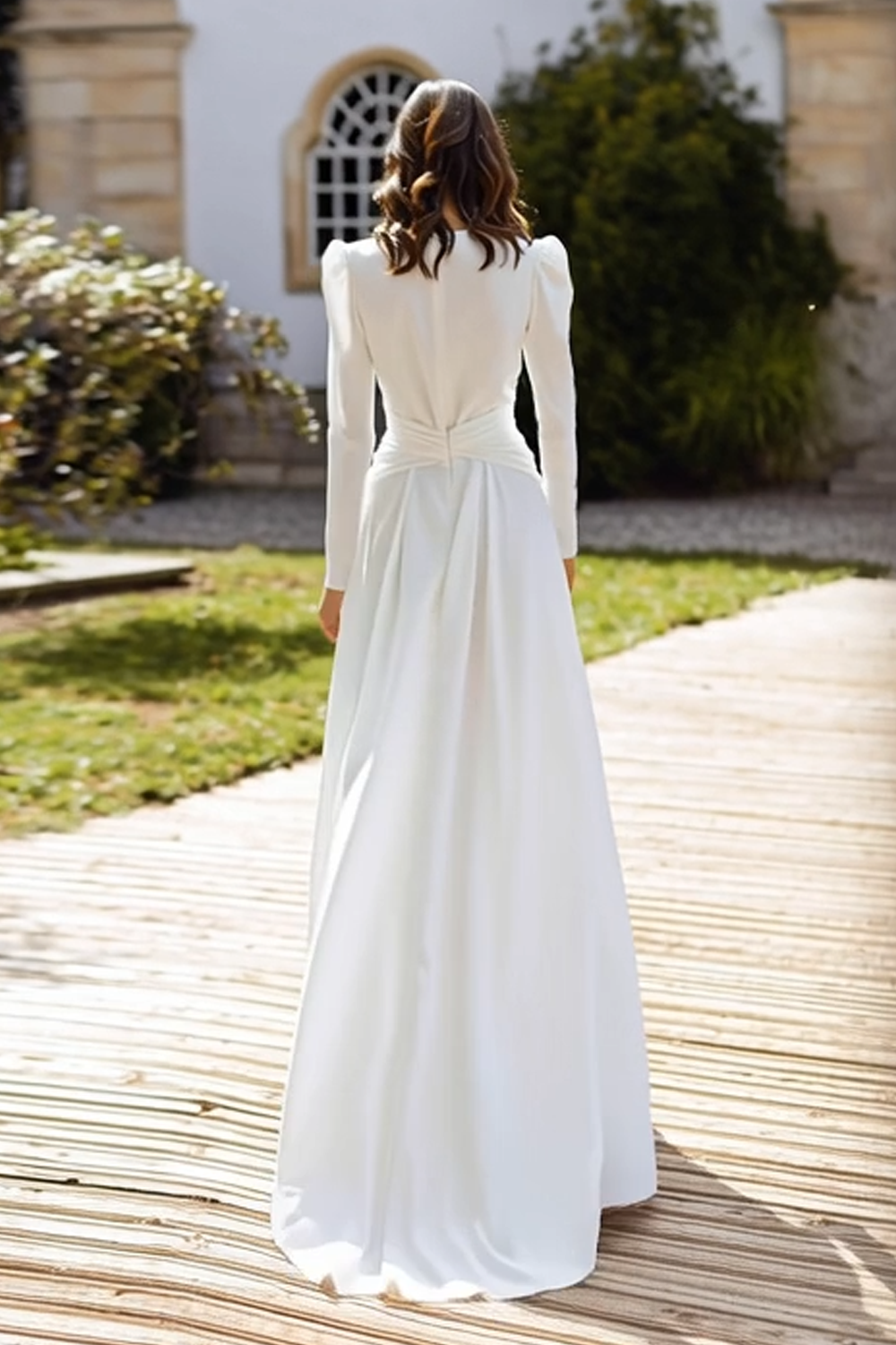 Ivory A-Line Long Sleeve V-Neck Engagement Dress With Slit