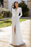 Ivory A-Line Long Sleeve V-Neck Engagement Dress With Slit