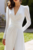 Ivory A-Line Long Sleeve V-Neck Engagement Dress With Slit
