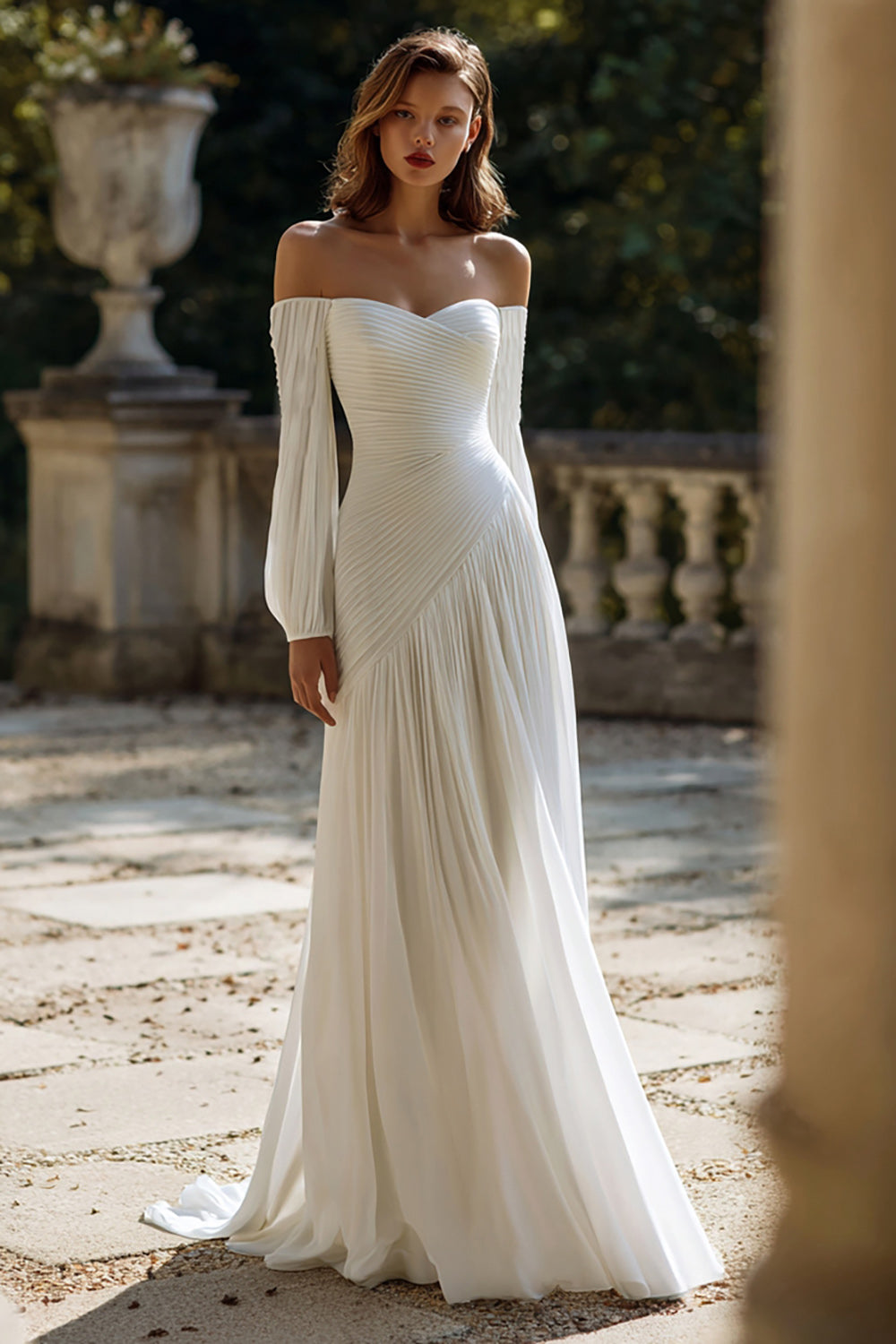 Off The Shoulder Long Sleeve Ivory Engagement Dress With Pleats