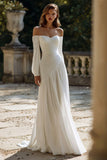 Off The Shoulder Long Sleeve Ivory Engagement Dress With Pleats