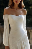 Off The Shoulder Long Sleeve Ivory Engagement Dress With Pleats