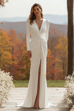 Sheath V-Neck Ivory Long Sleeve Engagement Dress With Slit