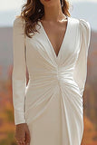 Sheath V-Neck Ivory Long Sleeve Engagement Dress With Slit