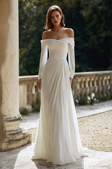 Ruched A-Line Off The Shoulder Ivory Engagement Dress with Long Sleeves