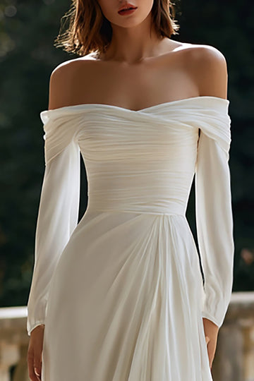 Ruched A-Line Off The Shoulder Ivory Engagement Dress with Long Sleeves