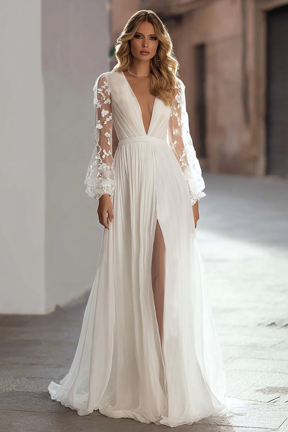 Appliqued Long Sleeve Ivory A-Line Wedding Dress With Slit