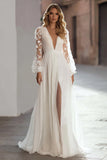 Appliqued Long Sleeve Ivory A-Line Wedding Dress With Slit