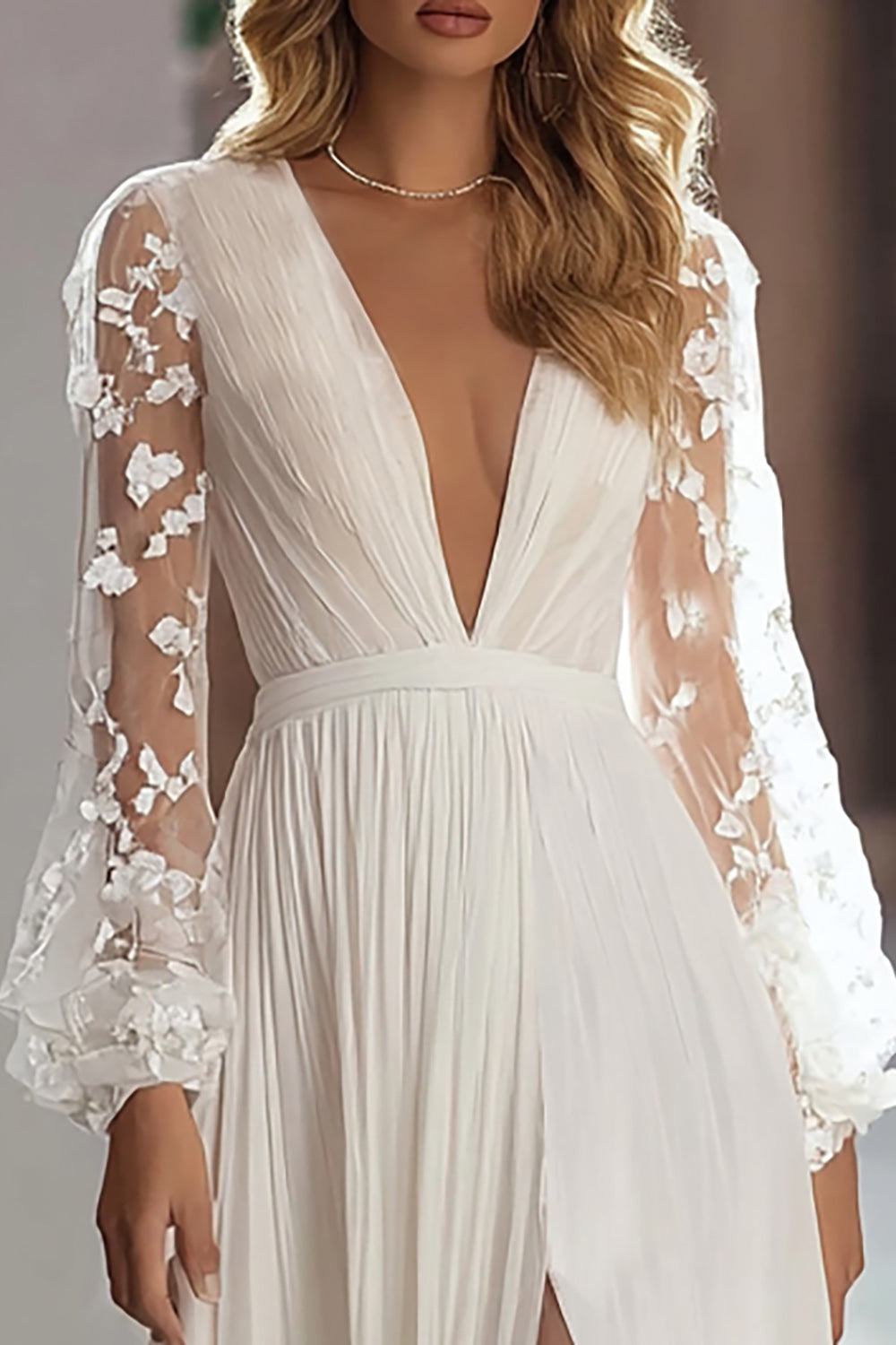 Appliqued Long Sleeve Ivory A-Line Wedding Dress With Slit