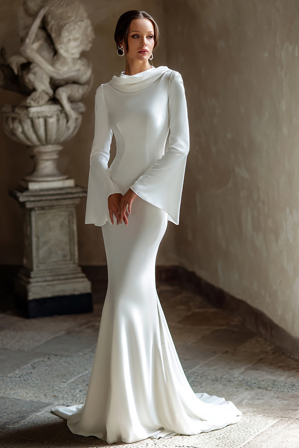 Mermaid Ivory Cowl Neck Bridal Shower Dress With Flare Sleeves