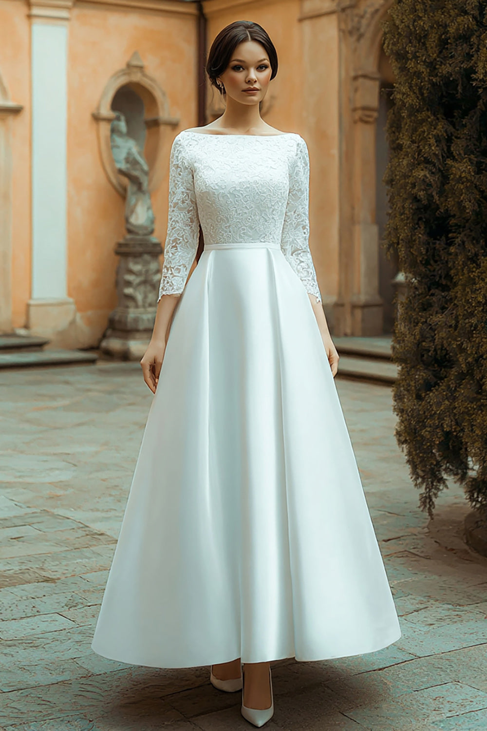 Ivory A-Line Long Sleeve Wedding Dress With Lace