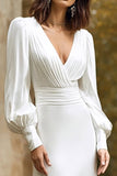 Sheath V-Neck Ivory Long Sleeve Engagement Dress